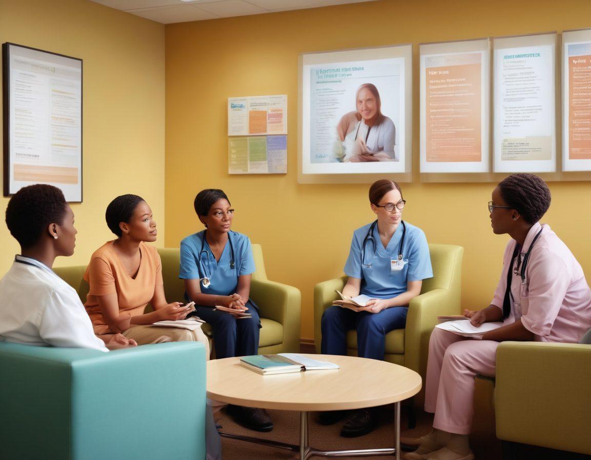 A serene scene depicting a diverse group of patients engaging in a supportive conversation in a comfortable waiting room, surrounded by medical books and resource pamphlets. One patient is discussing treatment plans with a healthcare professional, while another is browsing an informational digital screen. Soft, inviting colors and warm lighting enhance the atmosphere of hope and community. super-realistic. vibrant colors. soft focus.