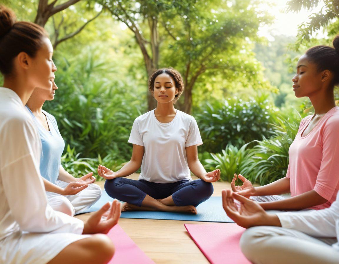 A serene and uplifting scene depicting a diverse group of patients engaged in various wellness activities, such as meditation, yoga, and supportive group discussions. Bright, soothing colors convey a sense of empowerment and connection, with gentle sunlight filtering through lush greenery in the background. Include visual elements symbolizing emotional and physical healing, like heart and health symbols. super-realistic. vibrant colors. soft focus.